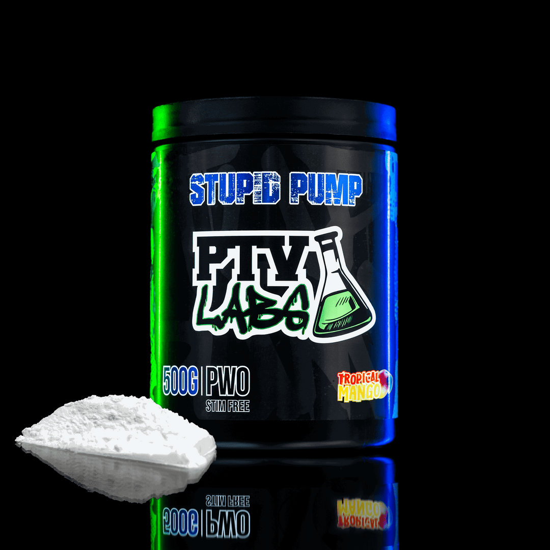 Kuva kofeiinittomasta pre-workout purkista edestä.