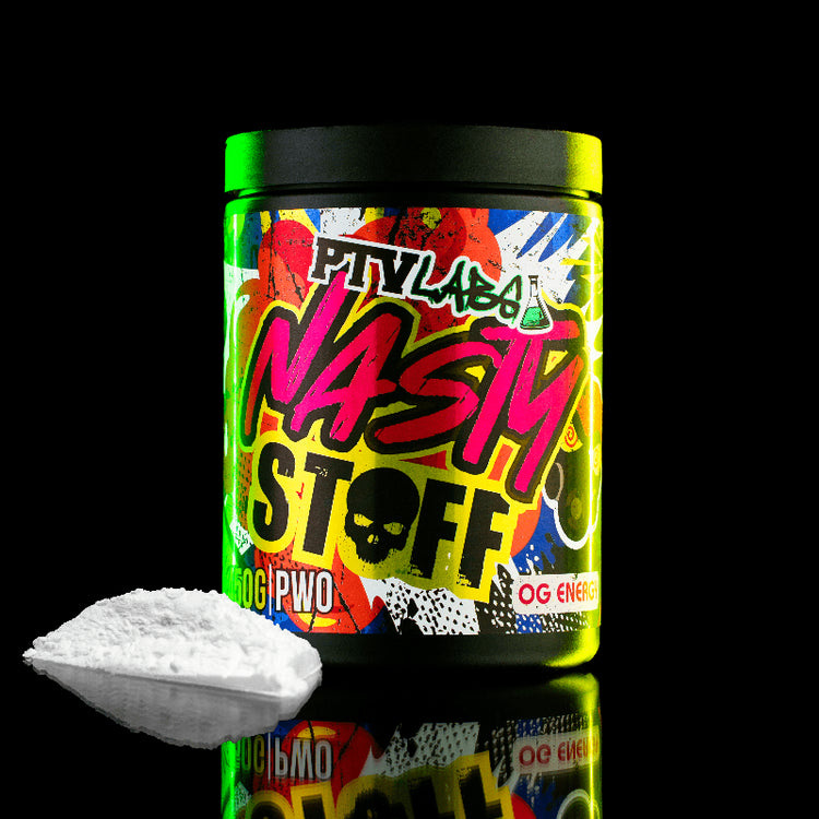 Vahva PWO preworkout-jauhe OG Energy -makuna, tehokas tehonlisääjä treeniin värikkäässä pakkauksessa ja valkoisella jauheella