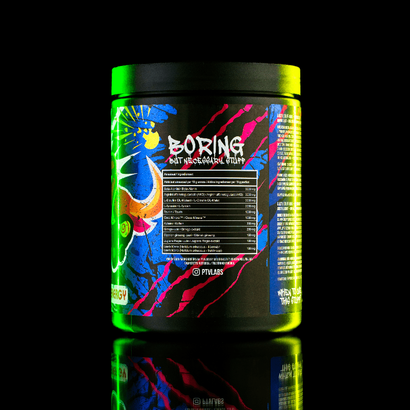 PWO preworkout-lisäravinne takaapäin kuvattuna, treenitehonlisääjä OG Energy -makuna värikkäässä purkissa